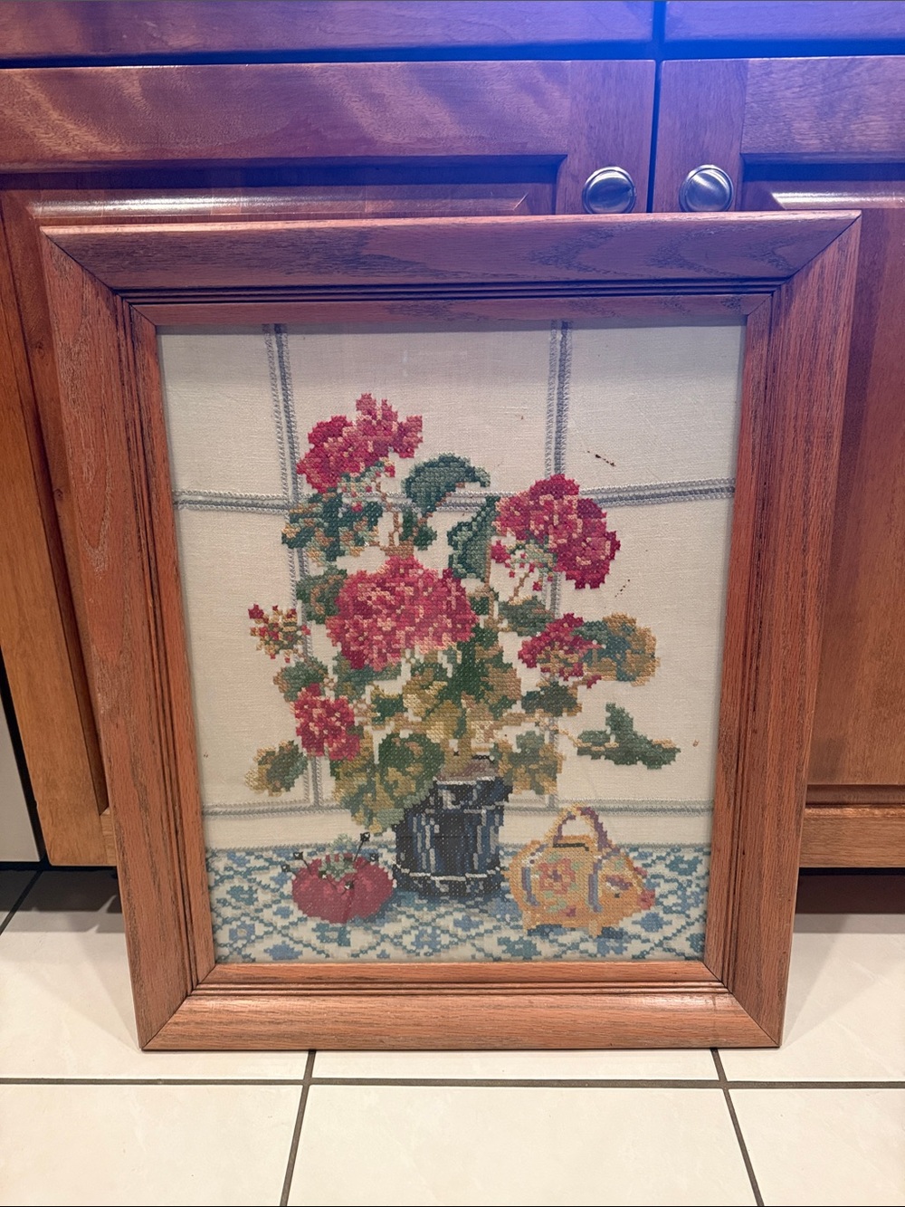 Vintage Cross Stitch Floral Still Life Red Geraniums Piggy Bank Framed Embroider